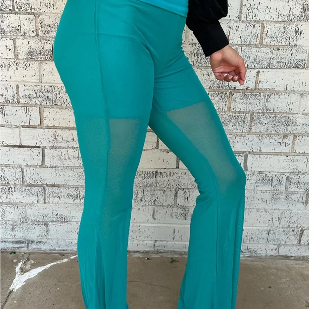 ⭐️ Teal Sheer Mesh Flare Pants Lined Festival Western Boho XS NWT - Picture 2 of 9